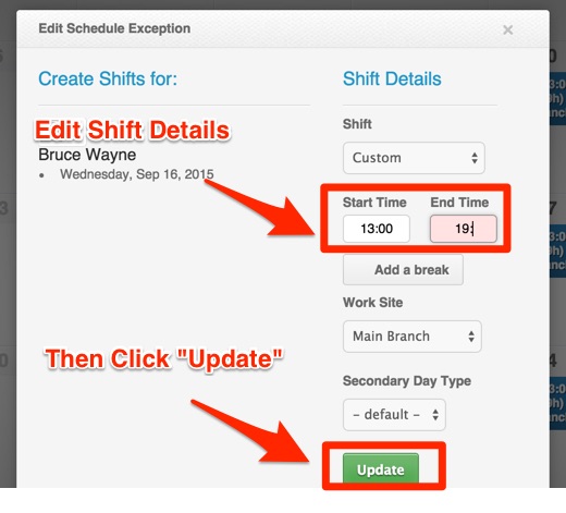 Edit and Click Update (Multiple Shifts)