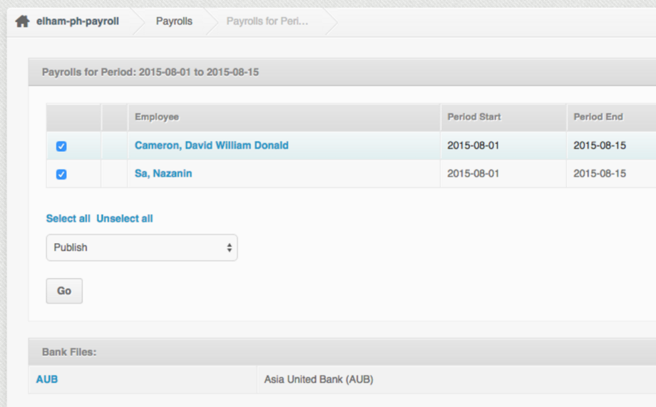 Payrolls page - AUB Bank file report